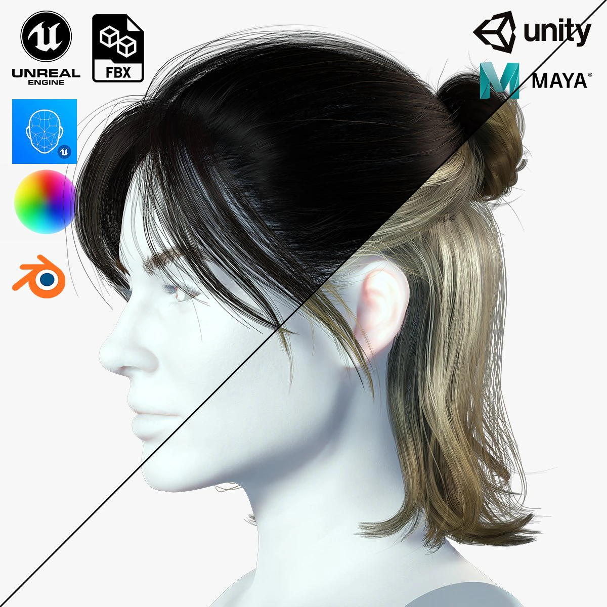 Realistic Female hair card 2 Low-poly 3D Model .c4d .max .obj .3ds .fbx .stl .blend