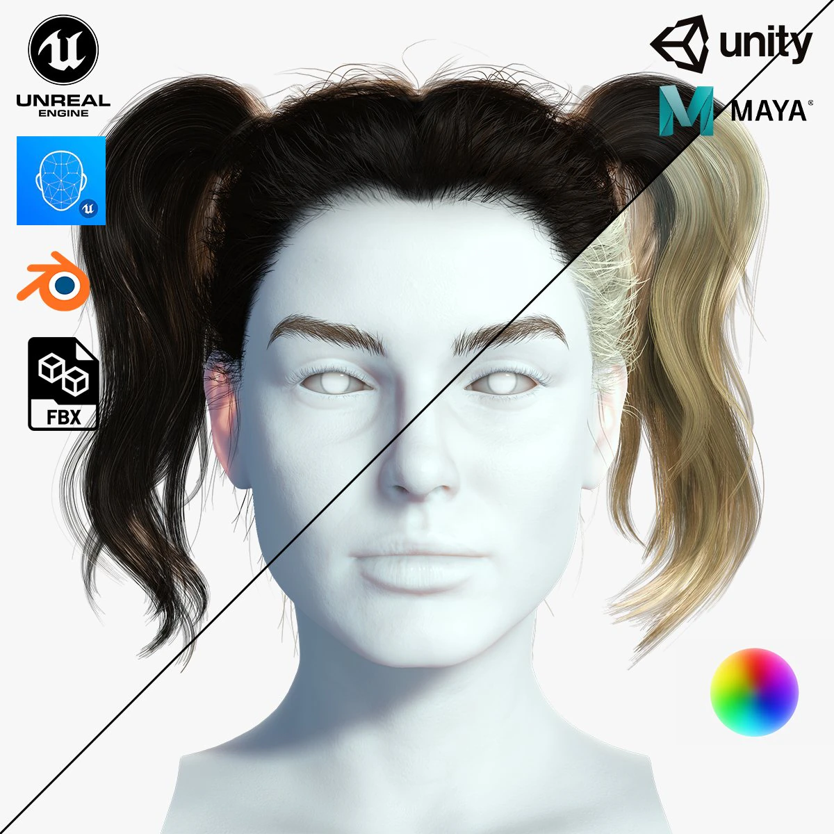 Realistic Female hair 5 Game Card Low-poly 3D Model .c4d .max .obj .3ds .fbx .stl .blend 