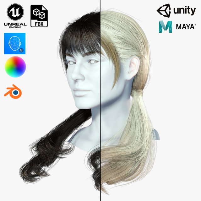 Realistic Female hair 6 colorable Card Low-poly 3D Model .c4d .max .obj .3ds .fbx .stl .blend 