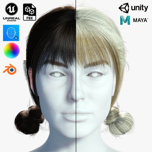 Realistic Female hair 9 Low-poly 3D Model .c4d .max .obj .3ds .fbx .stl .blend 