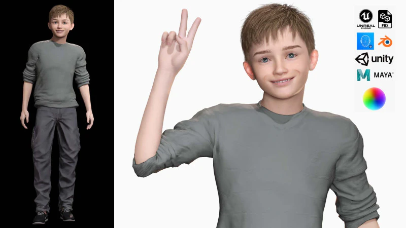 HENRY-장난꾸러기 아이 현실적인 아이 소년 3D 모델 .c4d .max .obj .3ds .fbx .stl .blend