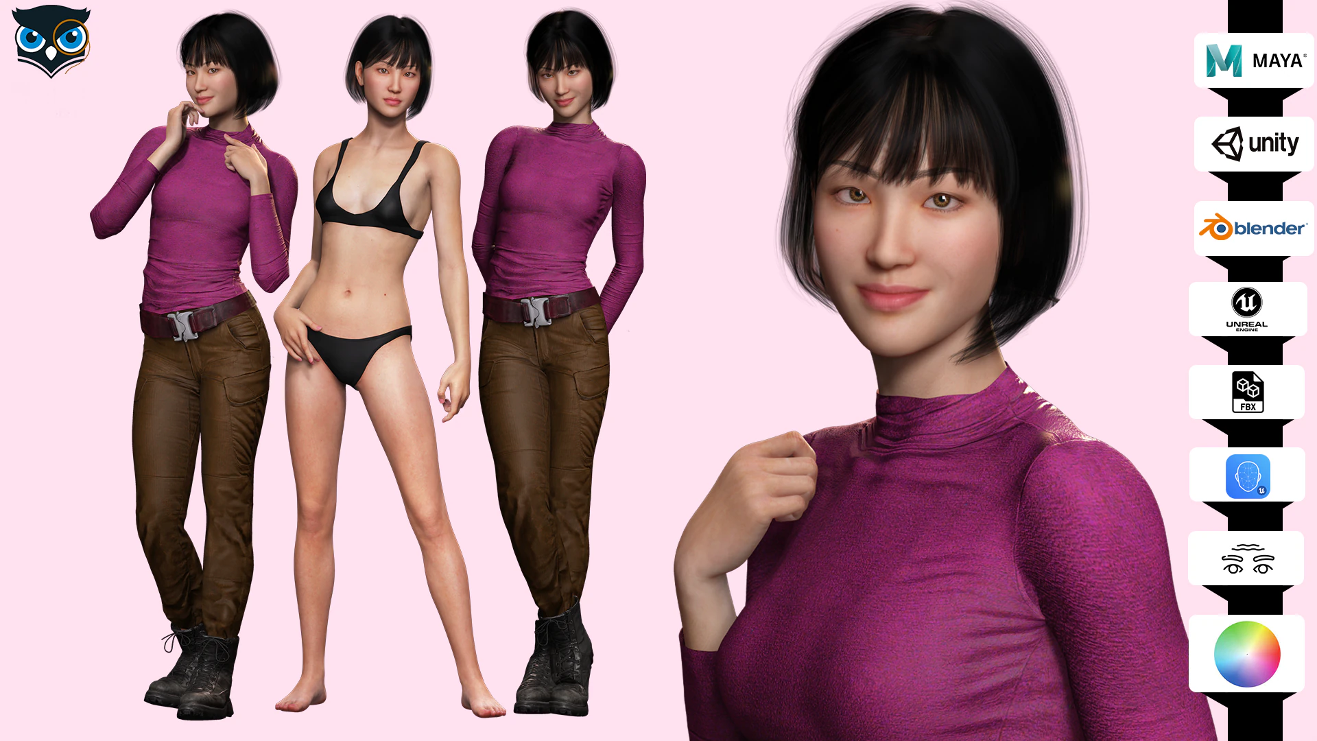 Noi - Autumn Chic Asian Bueauty In Purple And Brown 3D Model .c4d .max .obj .3ds .fbx .stl .blend 