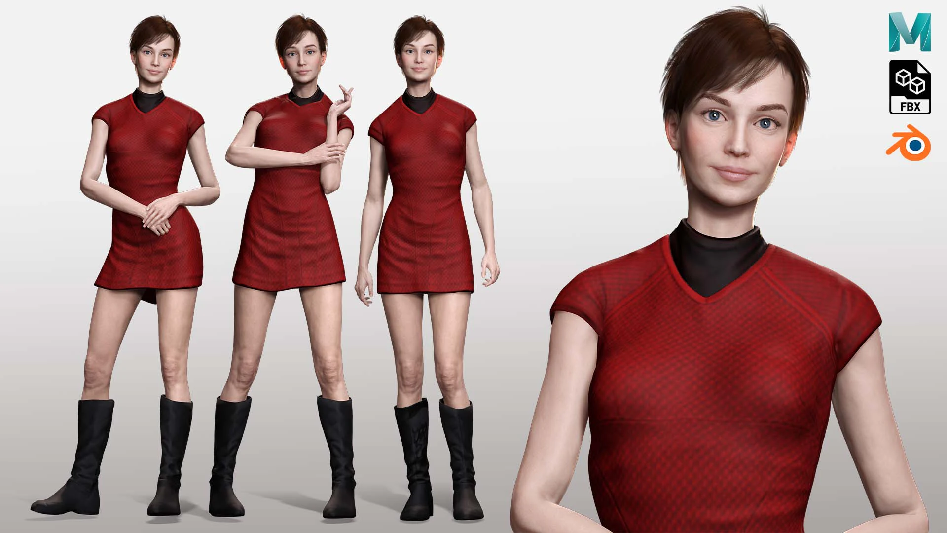 Mariya - Realistic Women With Red Dress 3D Model .c4d .max .obj .3ds .fbx .stl .blend 
