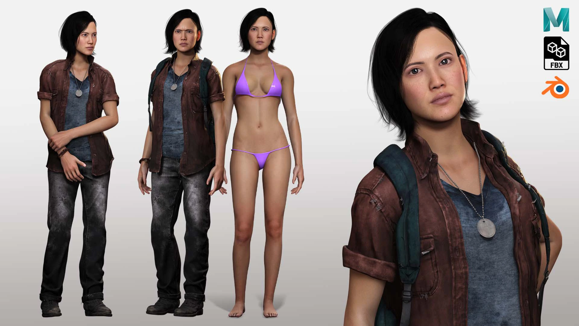 Ji eun- Asian Woman In Adventure Outfit 3D Model .c4d .max .obj .3ds .fbx .stl .blend 