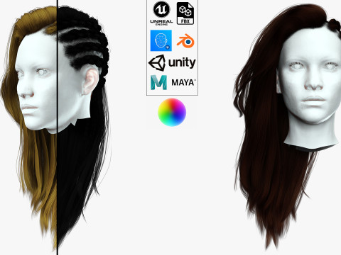 Realistic Female hair game cards 3Dモデル