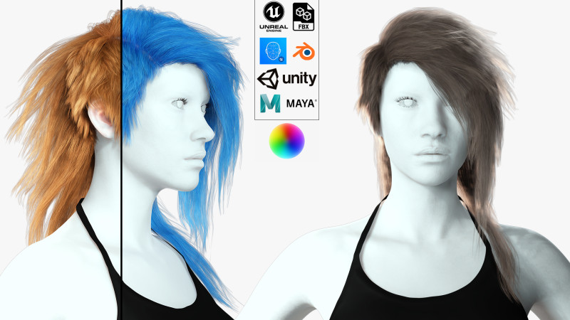 Realistic hair cyberpunk long Modelo 3D .c4d .max .obj .3ds .fbx .stl .blend