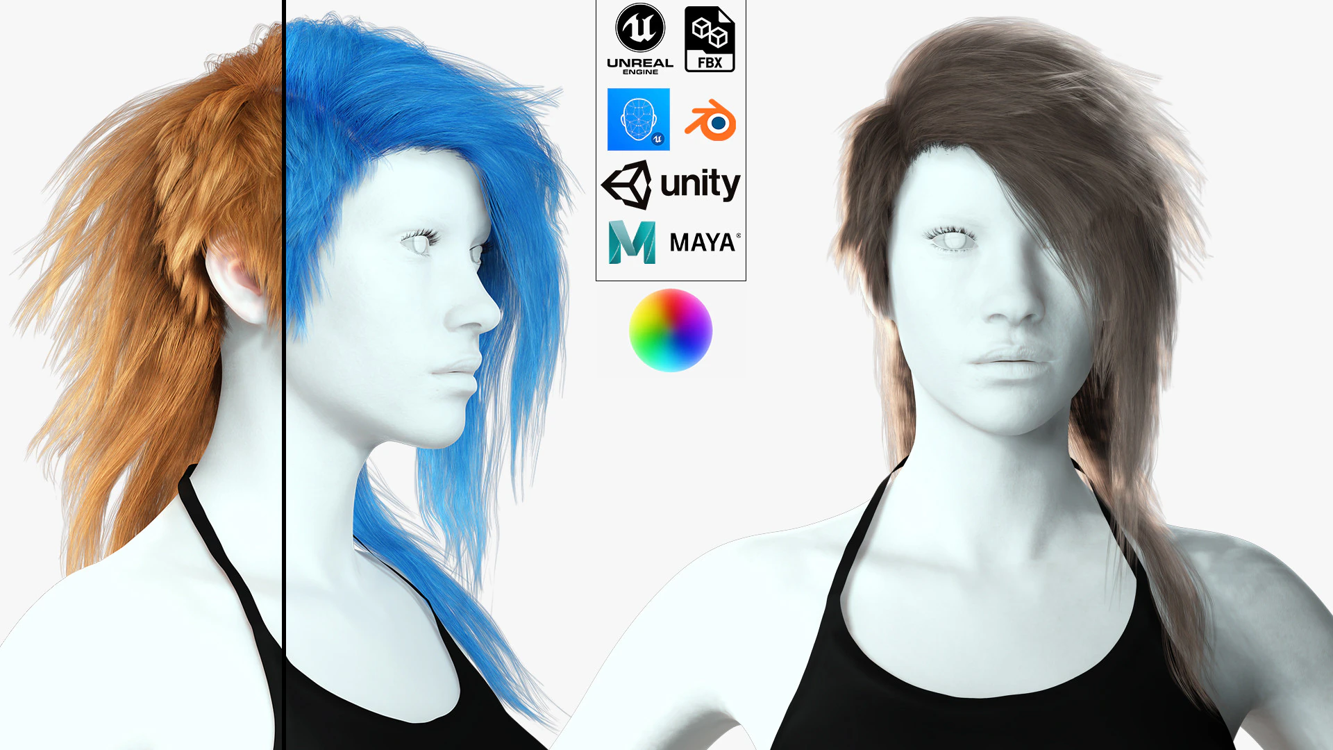Realistic hair cyberpunk long 3D Model .c4d .max .obj .3ds .fbx .stl .blend 