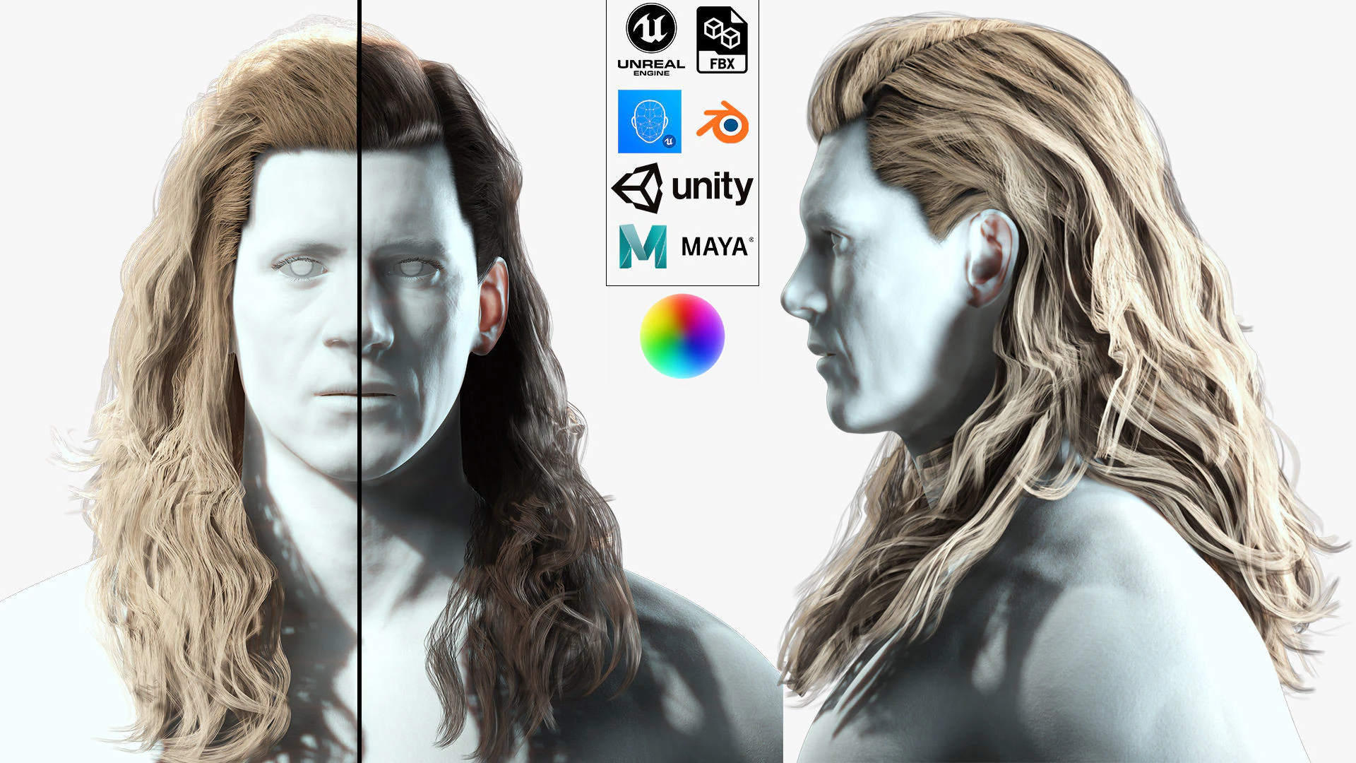 Realistic Long Hair Man 3D Model .c4d .max .obj .3ds .fbx .stl .blend 