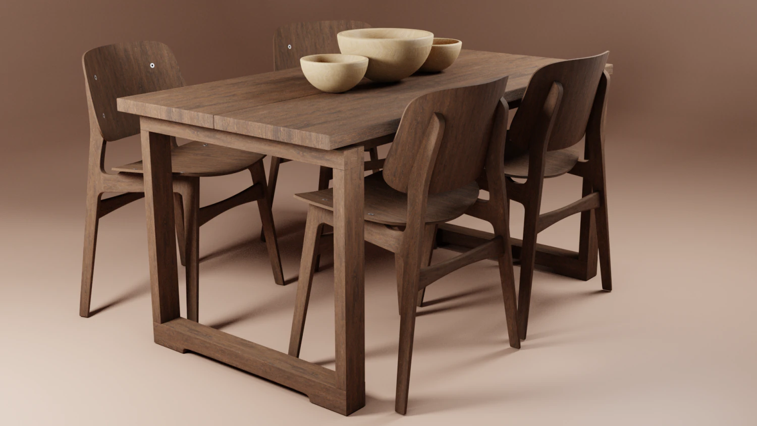 Modern Wood Table with Chairs 3D Model .c4d .max .obj .3ds .fbx .stl .blend