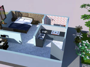 one bhk house plan and design 3D Model