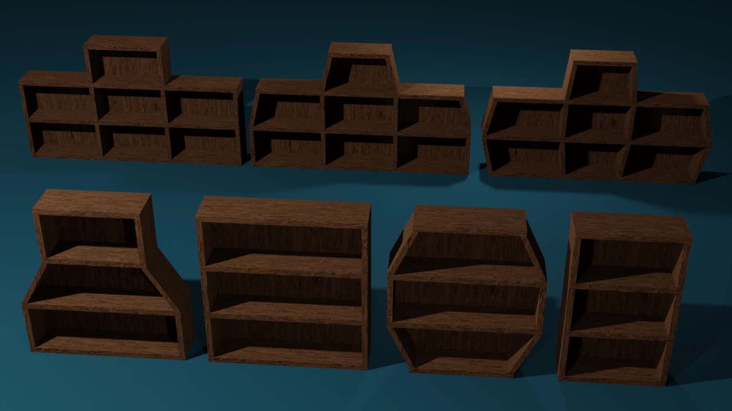 Seven Wooden Bookshelves 3D Model .c4d .max .obj .3ds .fbx .stl .blend 
