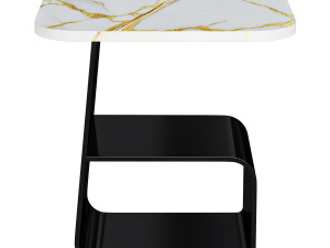 Modern Square Stone End Table with Black Steel Pedestal Base and Storage Shelf 3Dモデル