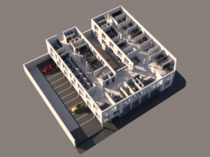 high school exterior and interior complete 3 stories building with furniture 3D Model