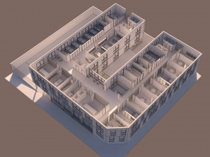high school exterior and interior complete 3 stories building with furniture 3D Model