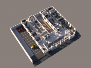 high school exterior and interior complete 3 stories building with furniture 3D Model