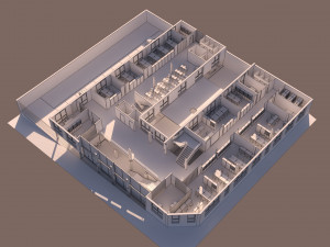 high school exterior and interior complete 3 stories building with furniture 3D Model