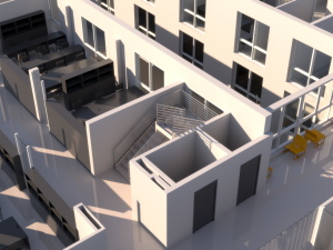 high school exterior and interior complete 3 stories building with furniture 3D Model