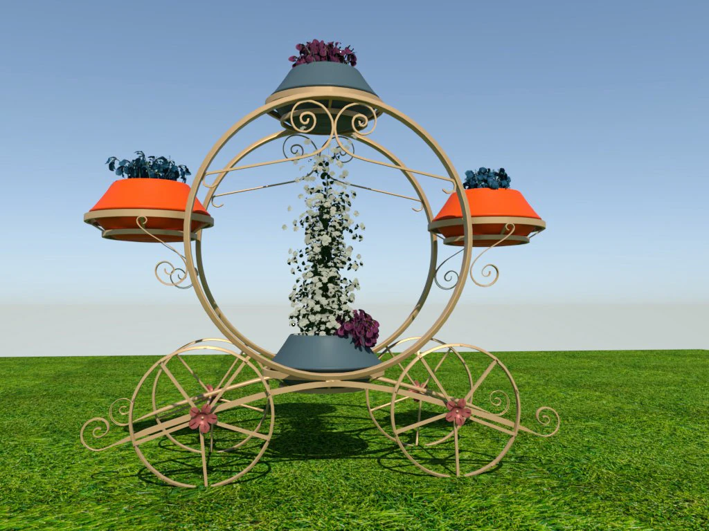 Golden carriage flowerpot with flowers 3D Model .c4d .max .obj .3ds .fbx .stl .blend