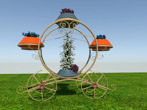 Golden carriage flowerpot with flowers 3D Model