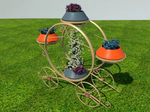 Golden carriage flowerpot with flowers 3D Model