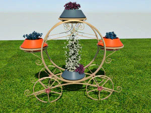 Golden carriage flowerpot with flowers 3D Model