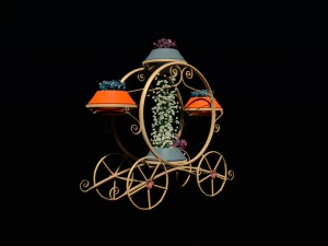 Golden carriage flowerpot with flowers 3D Model