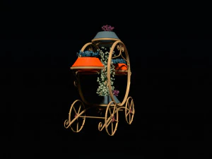 Golden carriage flowerpot with flowers 3D Model