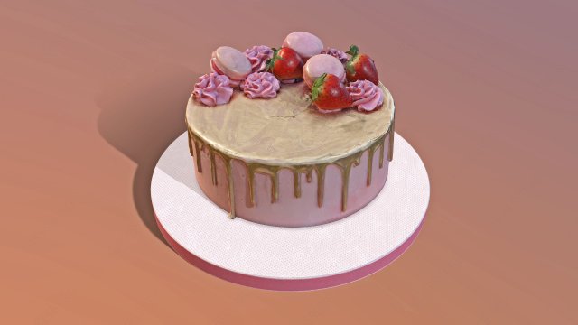 Golden Strawberry Drip Cake 3D Model .c4d .max .obj .3ds .fbx .stl .blend 