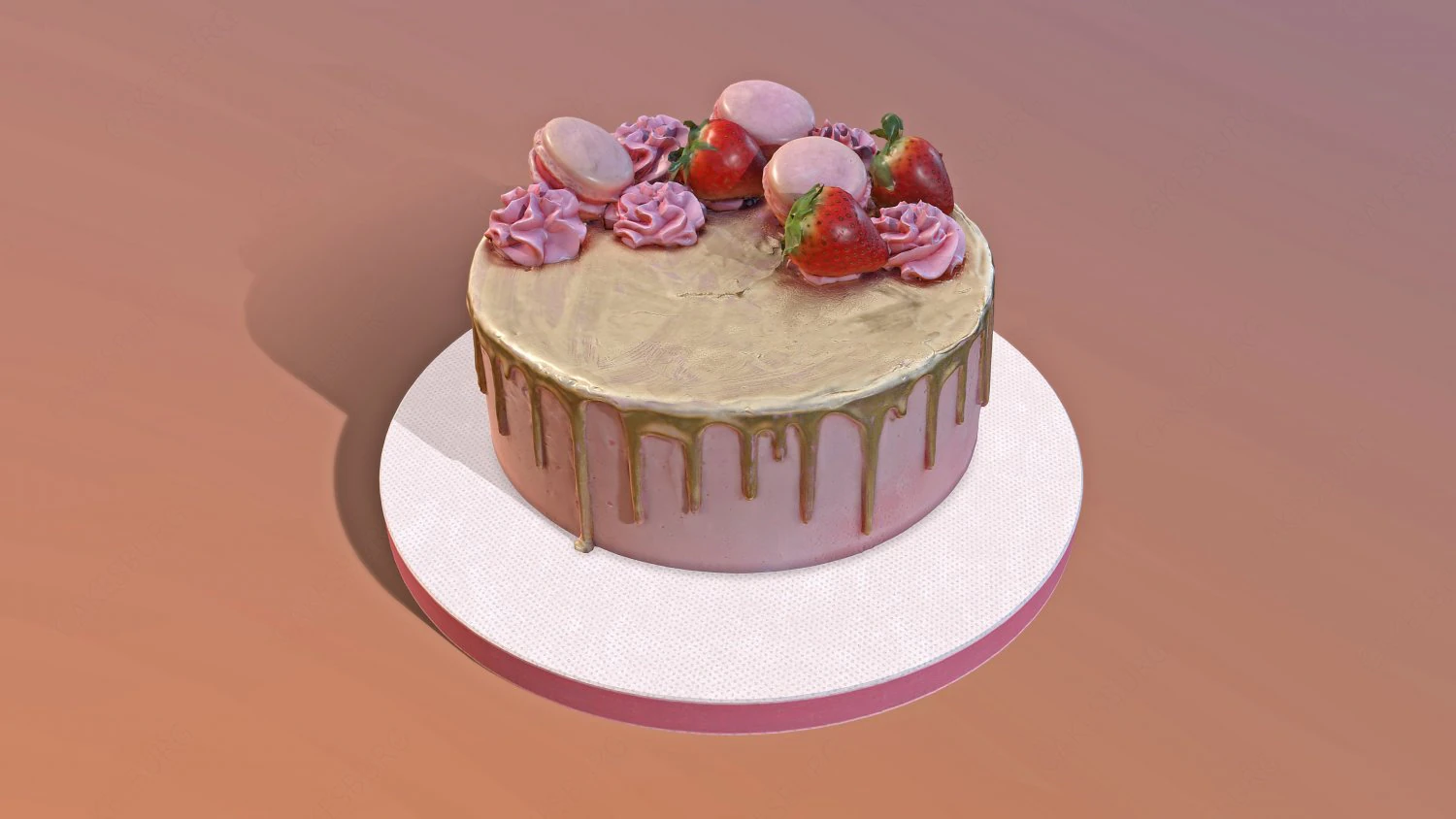 Golden Strawberry Drip Cake 3D Model .c4d .max .obj .3ds .fbx .stl .blend 