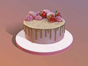 Golden Strawberry Drip Cake 3D Model