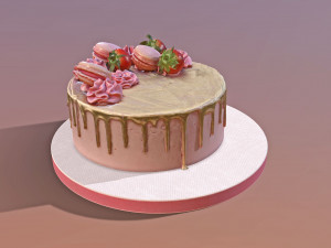 Golden Strawberry Drip Cake 3D Model