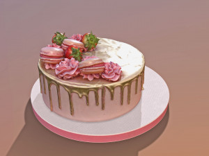 Golden Strawberry Drip Cake 3D Model