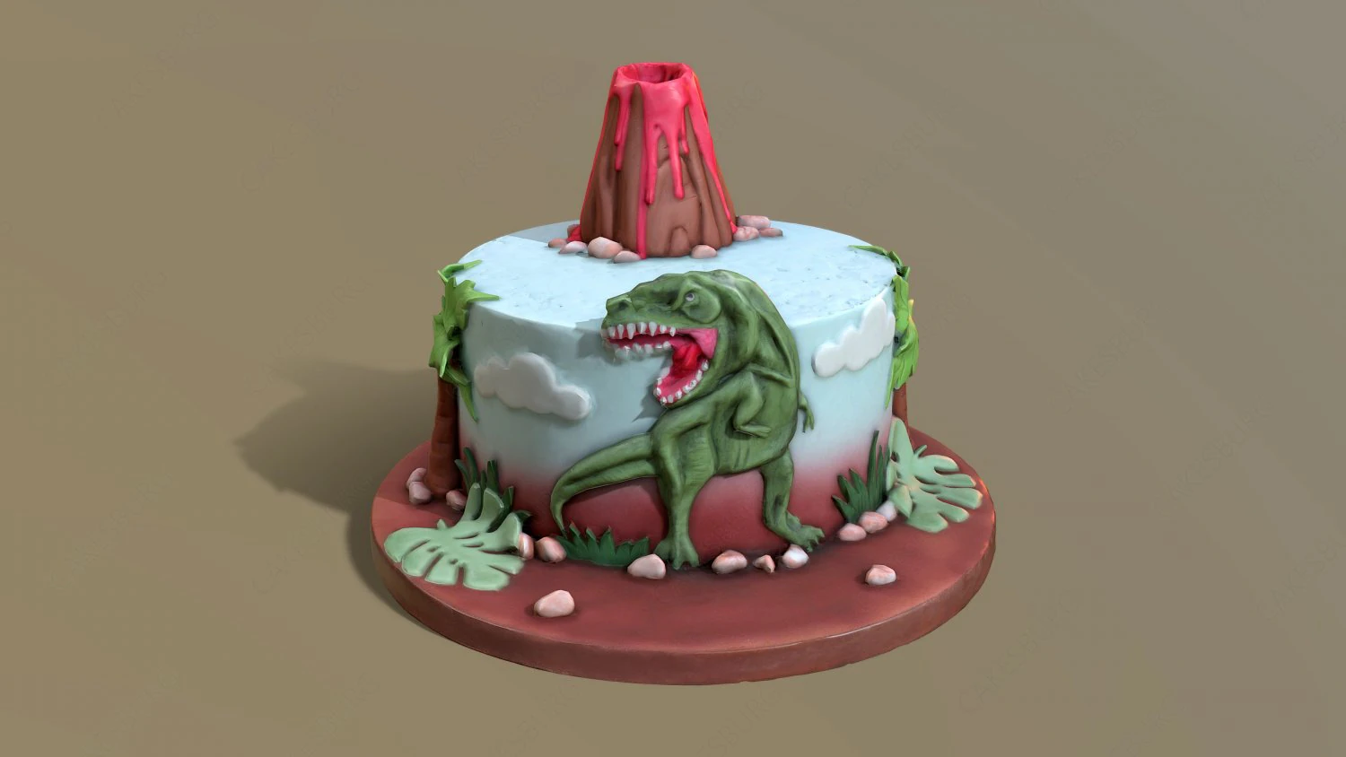 T-Rex Dinosaur Volcano Cake 3D Model .c4d .max .obj .3ds .fbx .stl .blend