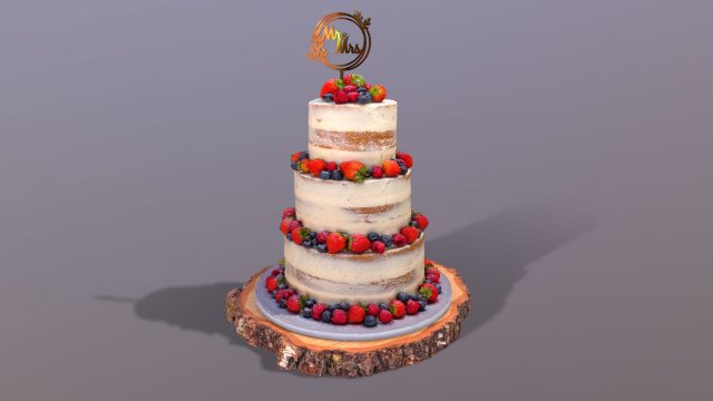 Semi Naked Berry Wedding Cake on Wooden Slice 3D Модель .c4d .max .obj .3ds .fbx .stl .blend 