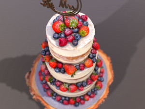 Semi Naked Berry Wedding Cake on Wooden Slice 3D Модель