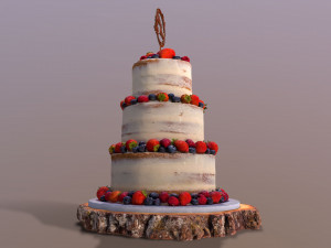 Semi Naked Berry Wedding Cake on Wooden Slice 3D Модель