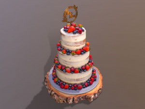 Semi Naked Berry Wedding Cake on Wooden Slice 3D Модель