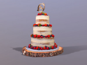 Semi Naked Berry Wedding Cake on Wooden Slice 3D Модель