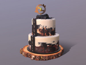 Elegant Silky Wedding Cake on Wooden slice 3D Model