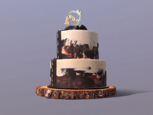 Elegant Silky Wedding Cake on Wooden slice Modèle 3D