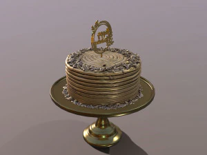 Bolo de Anivers&aacute;rio Dourado Elegante Modelo 3D