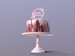 Elegant Hibiscus Buttercream Birthday Cake Modello 3D