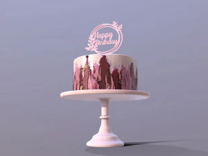 Elegant Hibiscus Buttercream Birthday Cake 3D Model