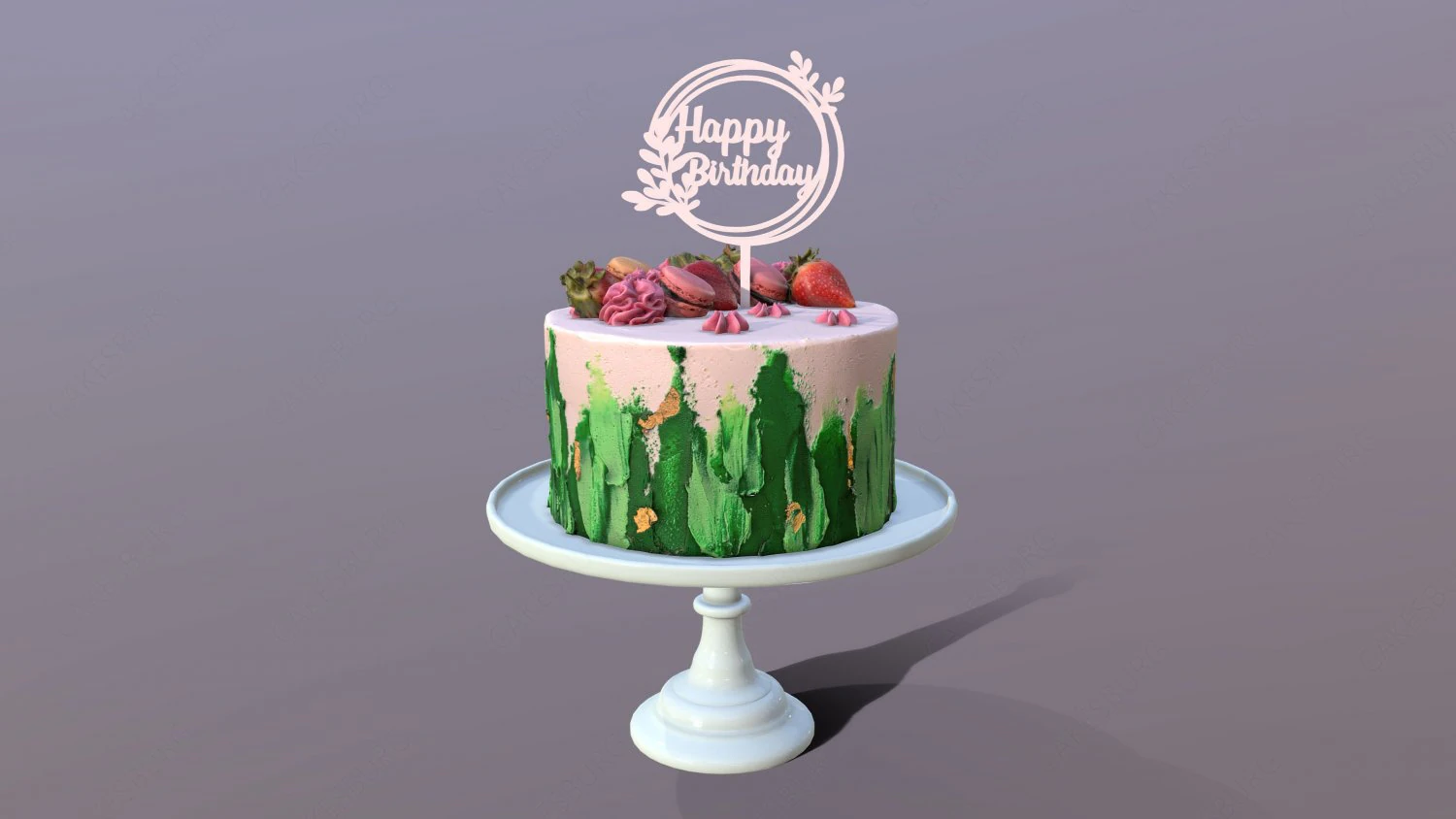 Bolo de anivers&aacute;rio elegante com redemoinho de morango e jade Modelo 3D .c4d .max .obj .3ds .fbx .stl .blend 