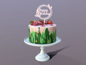 Elegant Jade Strawberry Swirl Birthday Cake 3D Model