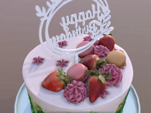 Bolo de anivers&aacute;rio elegante com redemoinho de morango e jade Modelo 3D