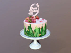 Bolo de anivers&aacute;rio elegante com redemoinho de morango e jade Modelo 3D