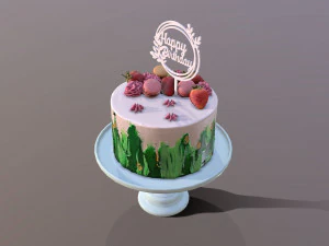 Bolo de anivers&aacute;rio elegante com redemoinho de morango e jade Modelo 3D