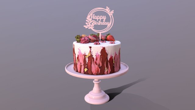 Elegant Hibiscus Strawberry Swirl Birthday Cake 3D Model .c4d .max .obj .3ds .fbx .lwo .lw .lws
