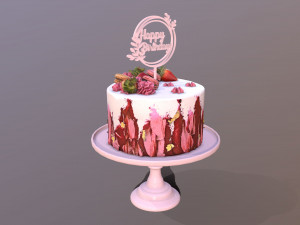 Elegant Hibiscus Strawberry Swirl Birthday Cake 3D Model